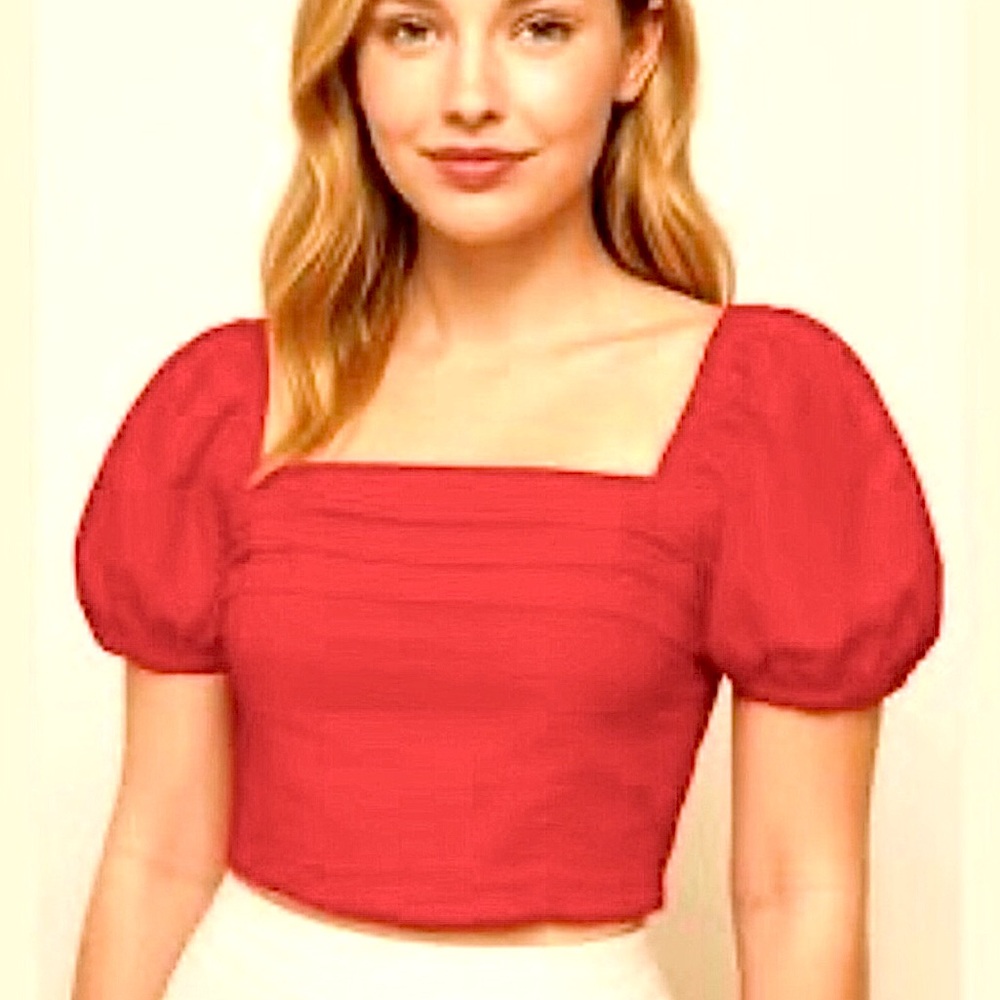SIM & SAM Puff Sleeve Cotton Crop Top